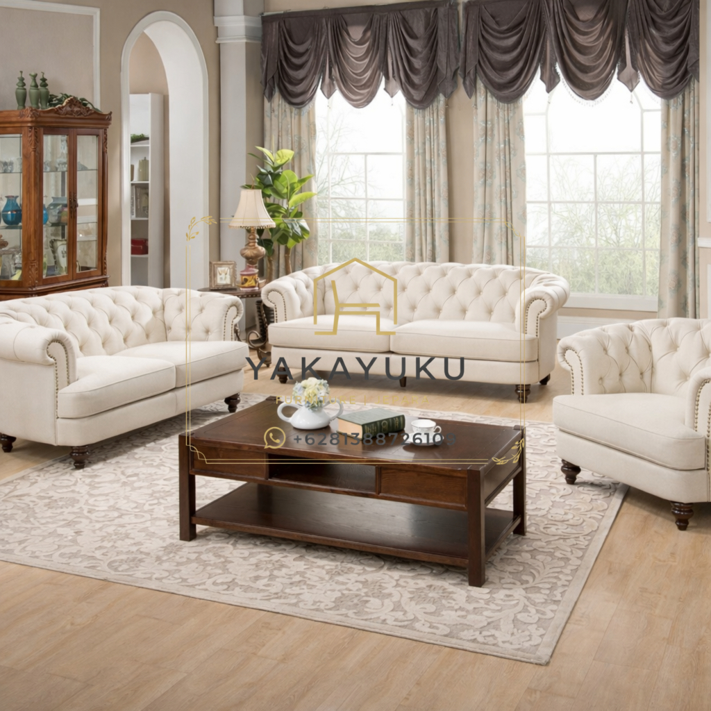 sofa klasik modern, sofa chesterfield ruang tamu, set sofa ruang tamu elegan, sofa klasik mewah, furniture ruang tamu premium