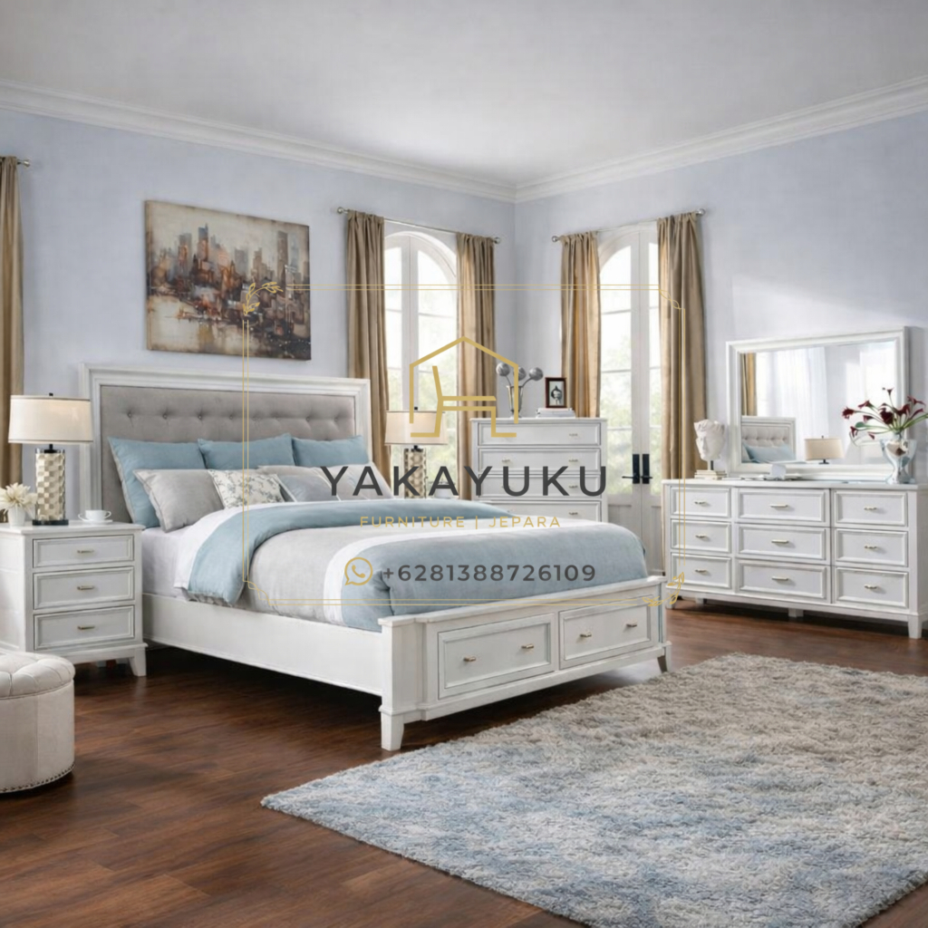 set kamar tidur minimalis, tempat tidur kayu modern, furniture kamar tidur modern, set ranjang minimalis putih, kamar tidur modern elegan