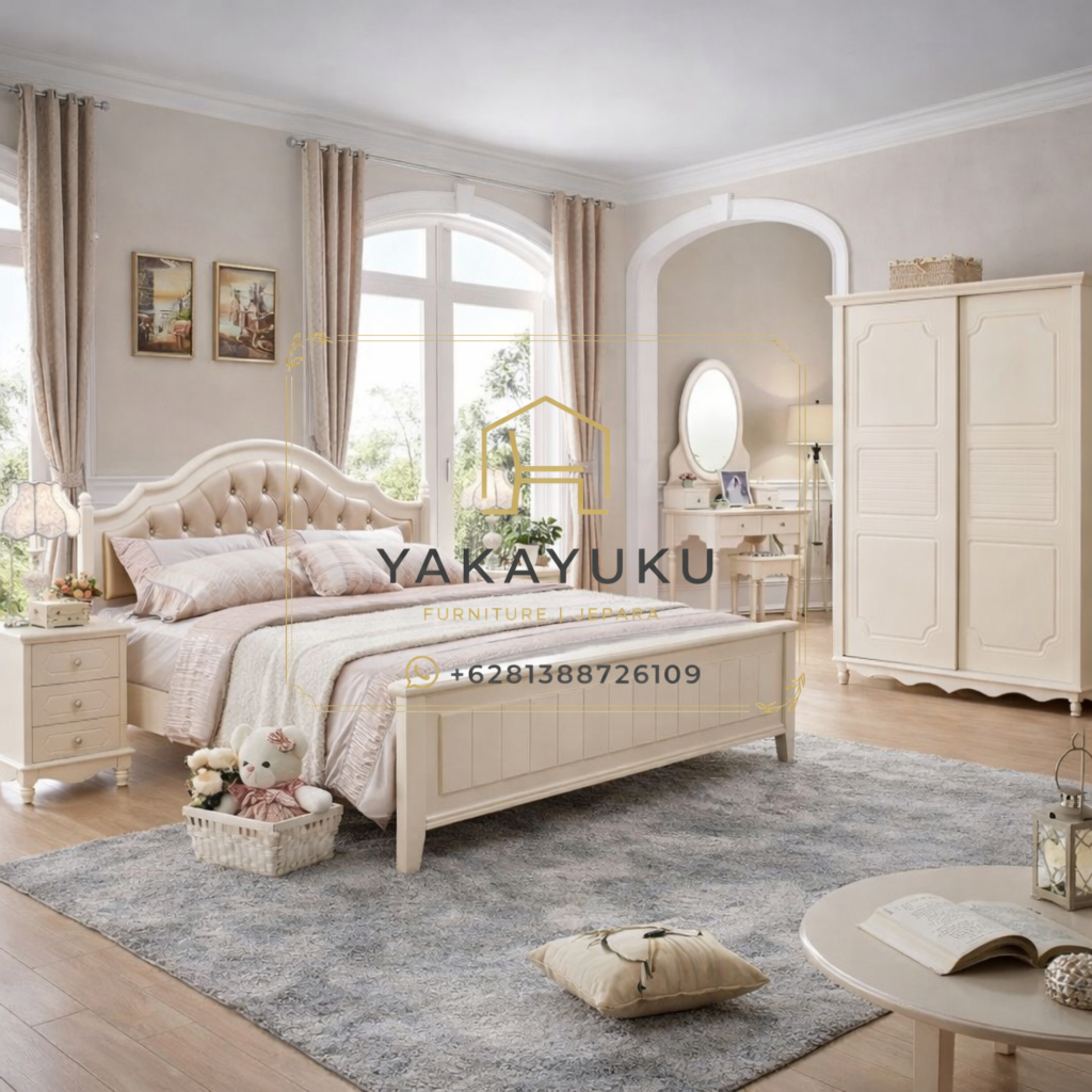 set kamar tidur minimalis, tempat tidur kayu modern, furniture kamar tidur modern, set kamar tidur putih elegan, ranjang minimalis modern jepara