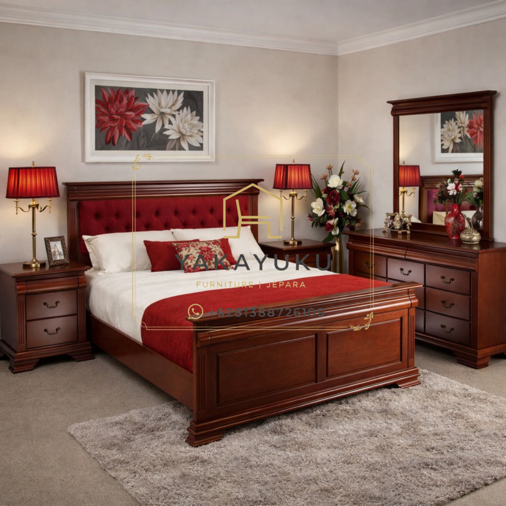 set kamar tidur kayu jati, tempat tidur mewah klasik, furniture kamar tidur jepara, ranjang kayu jati modern, set kamar tidur klasik mewah