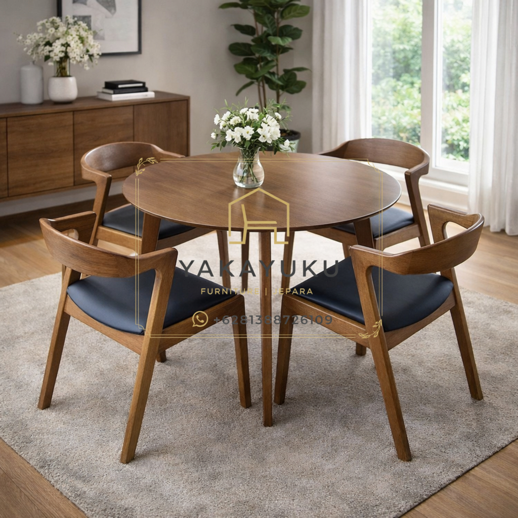 meja makan kayu jati, meja makan minimalis modern, set meja makan 4 kursi, furniture jepara asli, meja makan bundar minimalis