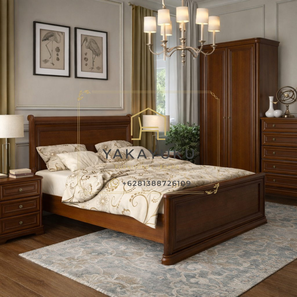 tempat tidur kayu klasik, set kamar tidur kayu, tempat tidur kayu jepara, furniture kamar tidur mewah, ranjang kayu solid