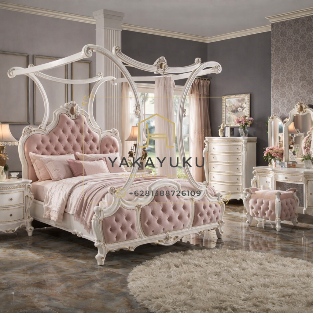 set kamar tidur mewah jepara, tempat tidur klasik ukir jepara, kamar tidur klasik mewah, furniture kamar tidur mewah, tempat tidur canopy klasik